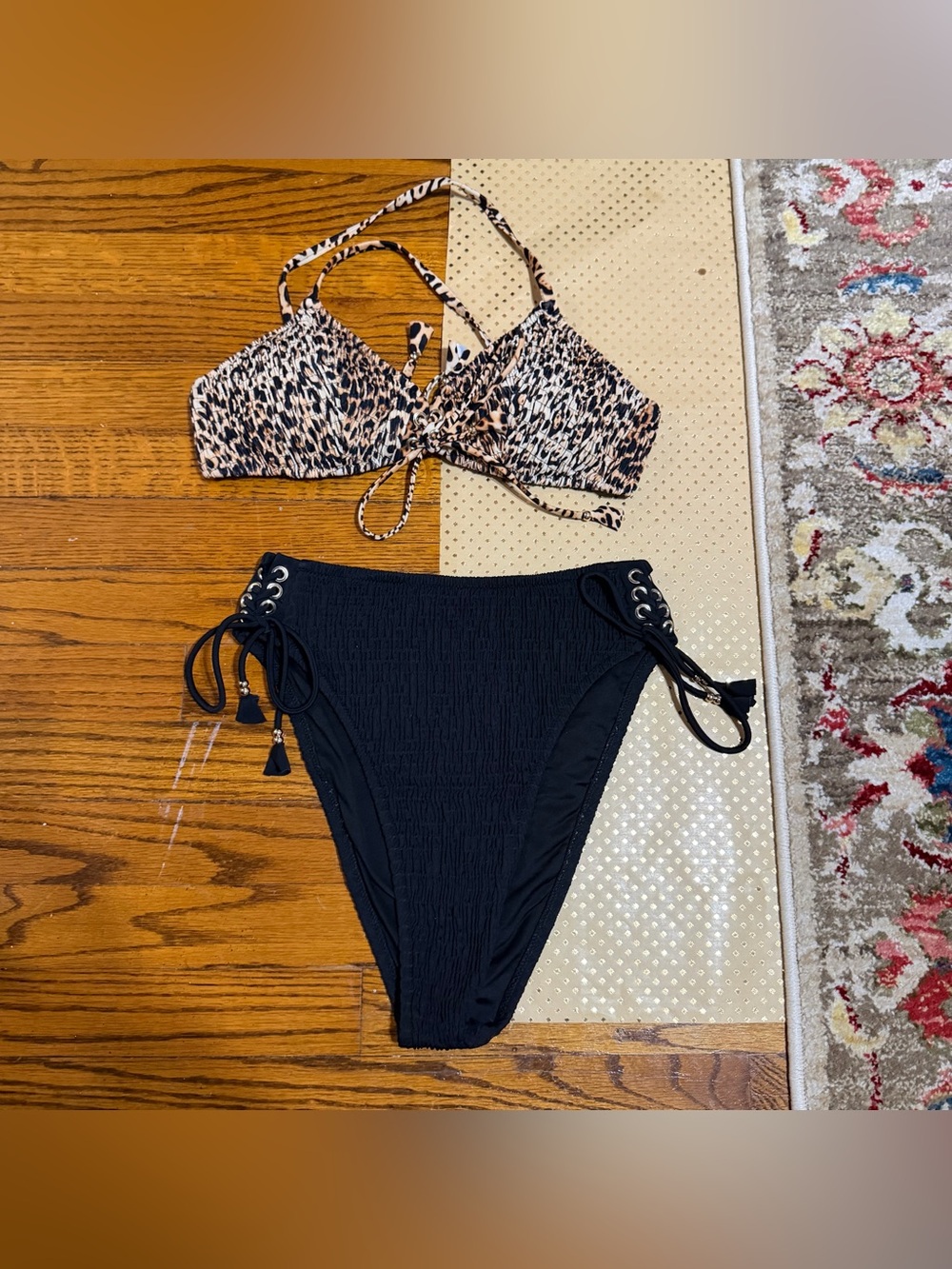 Victoria’s Secret Leopard Print Bikini Top & Black High Waist Bikini Bottom - L